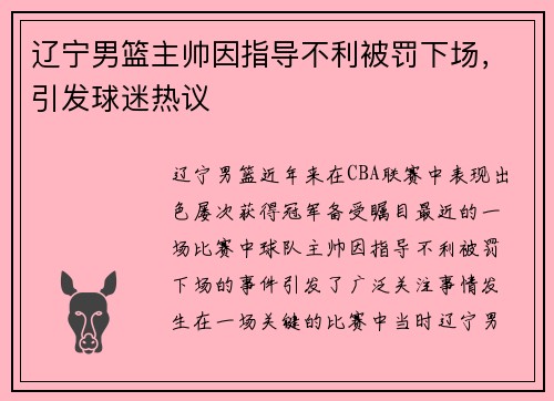 辽宁男篮主帅因指导不利被罚下场，引发球迷热议