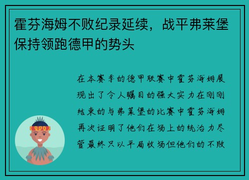 霍芬海姆不败纪录延续，战平弗莱堡保持领跑德甲的势头