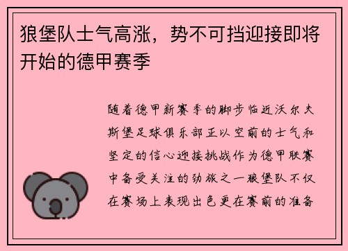 狼堡队士气高涨，势不可挡迎接即将开始的德甲赛季