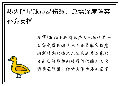 热火明星球员易伤愁，急需深度阵容补充支撑