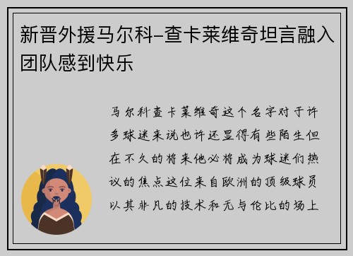 新晋外援马尔科-查卡莱维奇坦言融入团队感到快乐