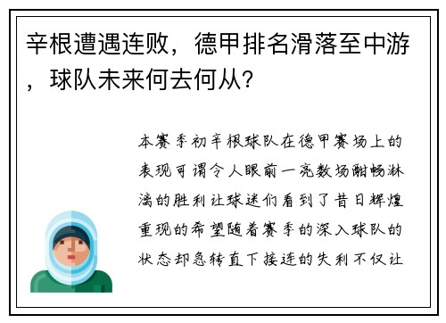 辛根遭遇连败，德甲排名滑落至中游，球队未来何去何从？