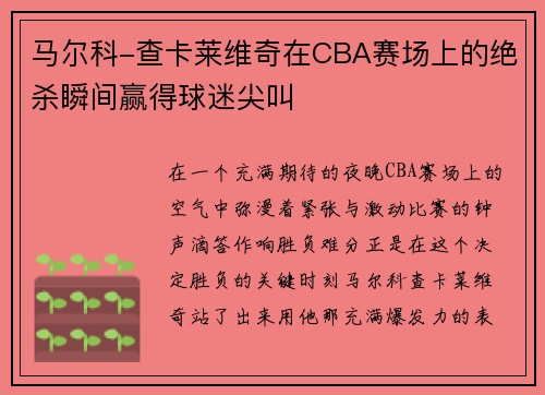 马尔科-查卡莱维奇在CBA赛场上的绝杀瞬间赢得球迷尖叫