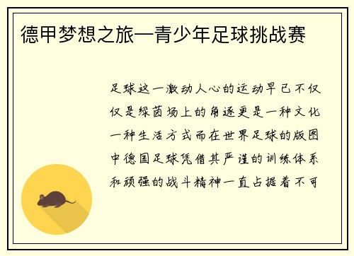 德甲梦想之旅—青少年足球挑战赛