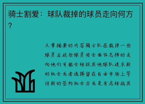 骑士割爱：球队裁掉的球员走向何方？