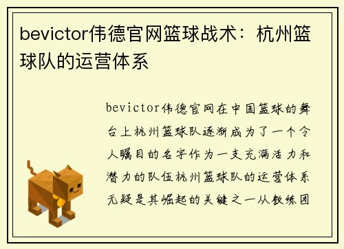 bevictor伟德官网篮球战术：杭州篮球队的运营体系